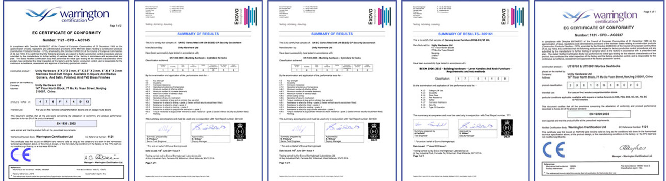 Certifications of UNITY Door Hardware